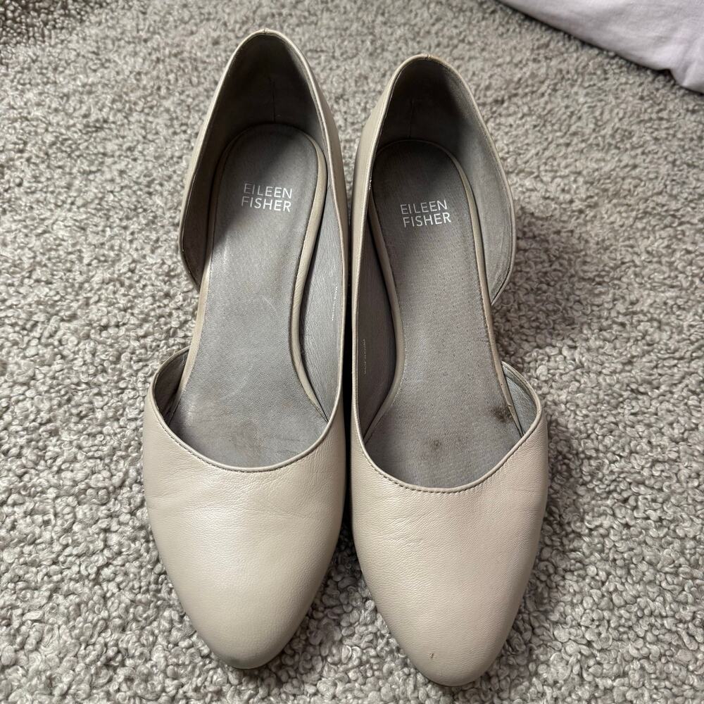 Eileen Fisher d’Orsay Light Gray Leather Low Block Heel Size 7.5